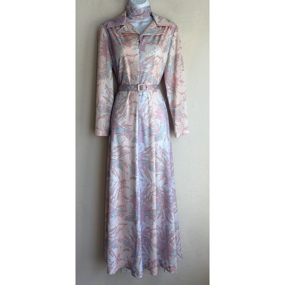 Vintage 70s Henry Lee Belted Maxi Dress M Scarf Art Nouveau Pastel Romantic